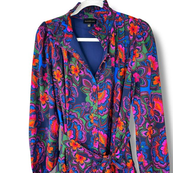 Sugarlips NWOT Rainbow Floral Print Crew Neck Button Tie Waist Mini Dress Small - Picture 5 of 11